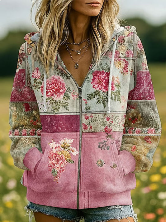 Women's Pink Floral Print Casual Zip-Up Top