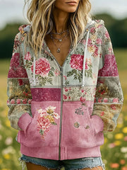 Women's Pink Floral Print Casual Zip-Up Top