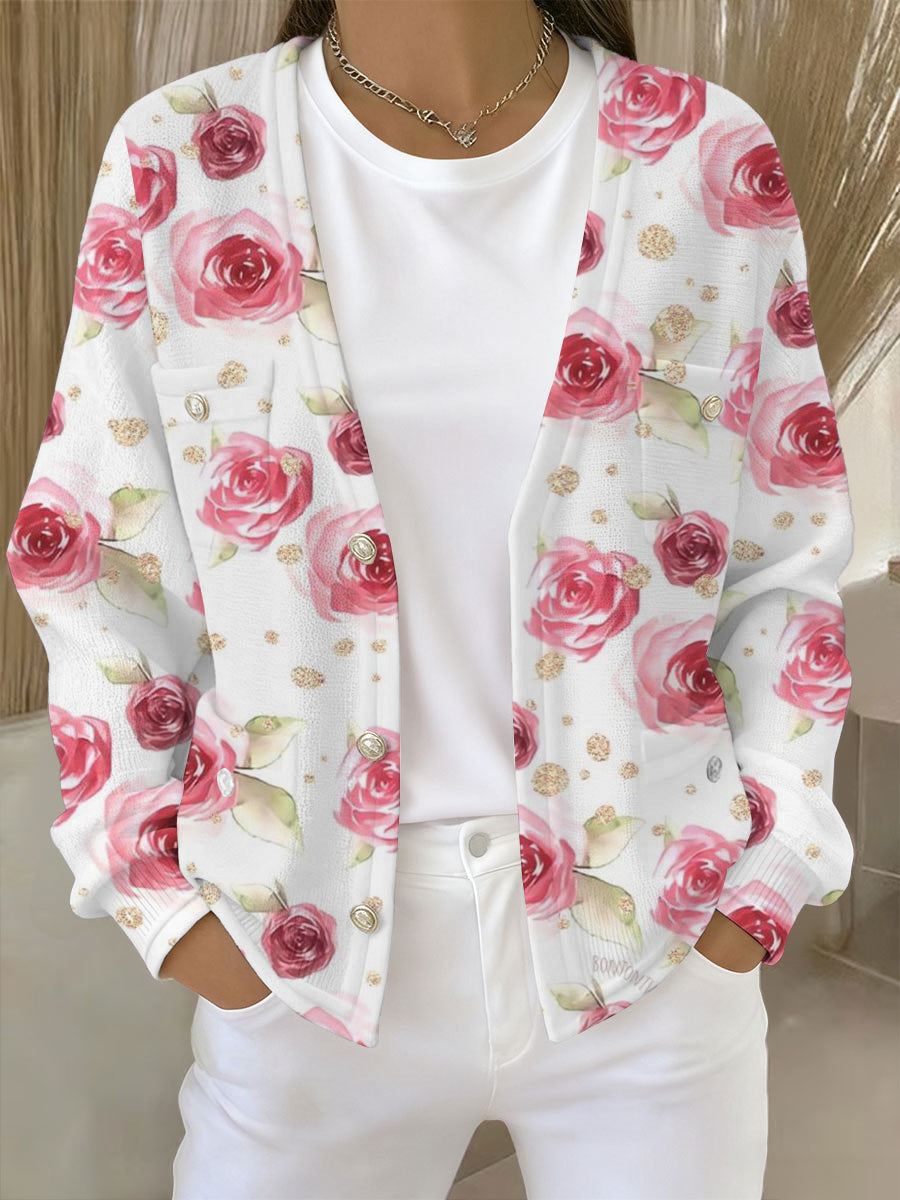 Women's Pink Floral Print Pocket Cardigan
