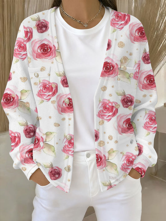 Women's Pink Floral Print Pocket Cardigan