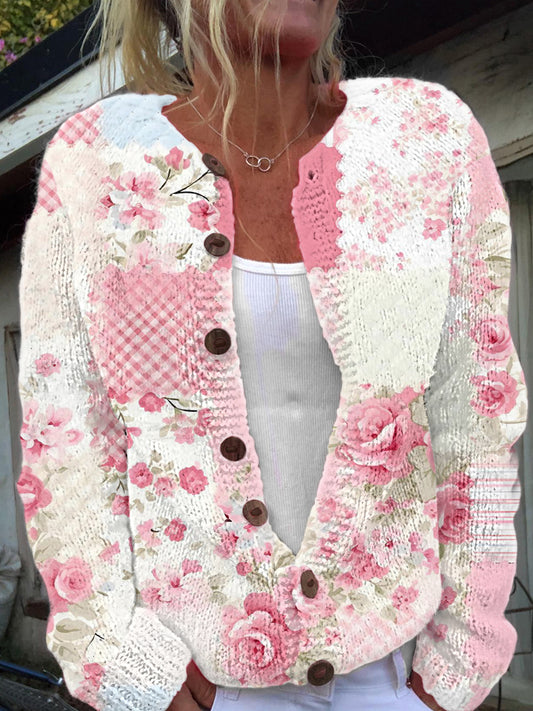 Women's Pink Floral Print Cardigan-Style Knit Jacket
