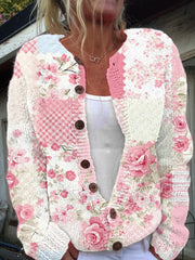 Women's Pink Floral Print Cardigan-Style Knit Jacket
