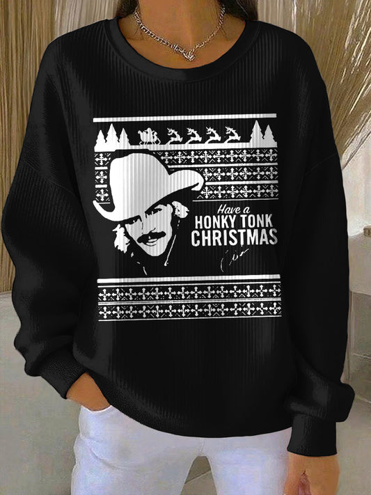 Women's Last Call Country Music Fan Print Ribbed Round-Neck Sweatshirt