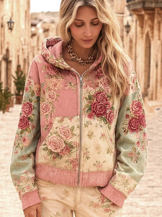 Women's Breast Cancer Awareness Floral Patchwork Zip-Up Hoodie