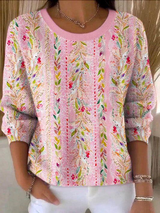 Women's Pink Floral Print Casual  Ribbed  Top