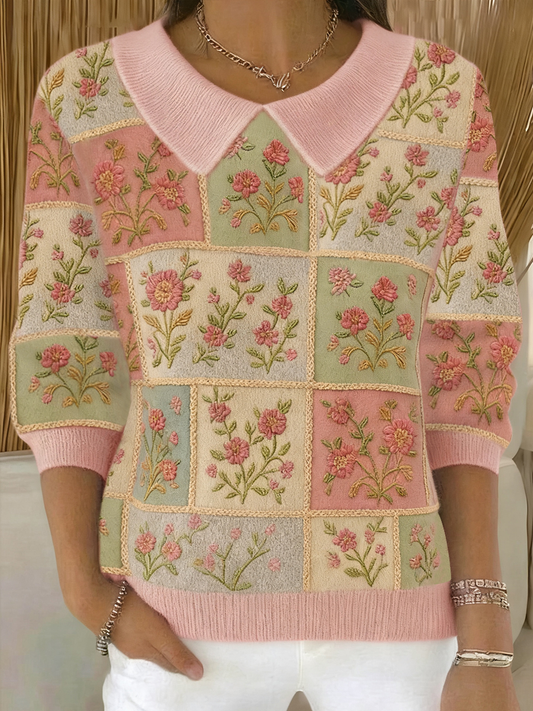 Women's Pink Floral Art Printed Baby Doll Collar Top