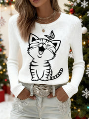 Women's Cute Cat Print Cat Lovers Casual Long Sleeve Waffle Top