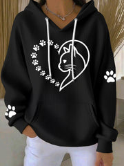 Women's Cute Cat Paws Heart Print Cat Lovers Casual Hoodie