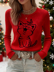 Women's Cute Cat Print Cat Lovers Casual Long Sleeve Waffle Top