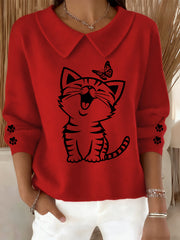 Women's Cute Cat Print Cat Lovers Cat Mom Gift Casual Baby Doll Collar Top