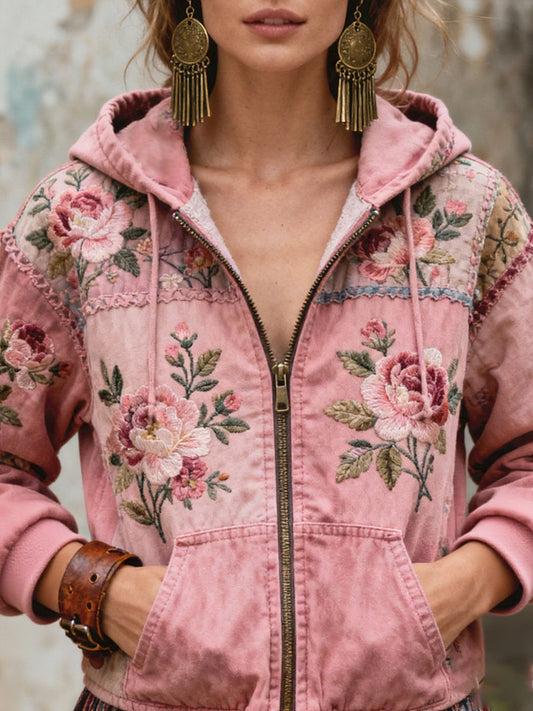 Women's Breast Cancer Awareness Floral Printed Zip-Up Coat