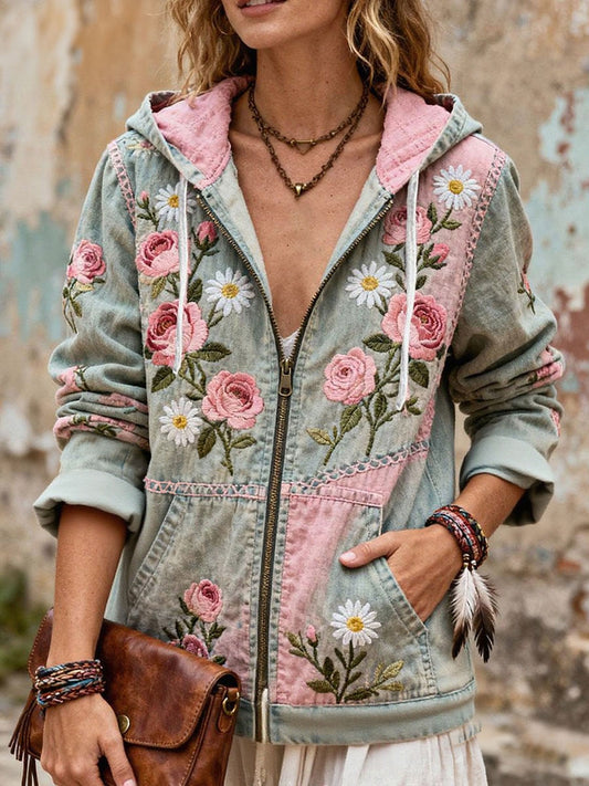 Women's Breast Cancer Awareness Floral Printed Zip-Up Coat
