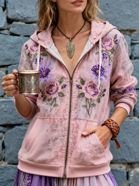 Women's Breast Cancer Awareness Floral Printed Zip-Up Coat
