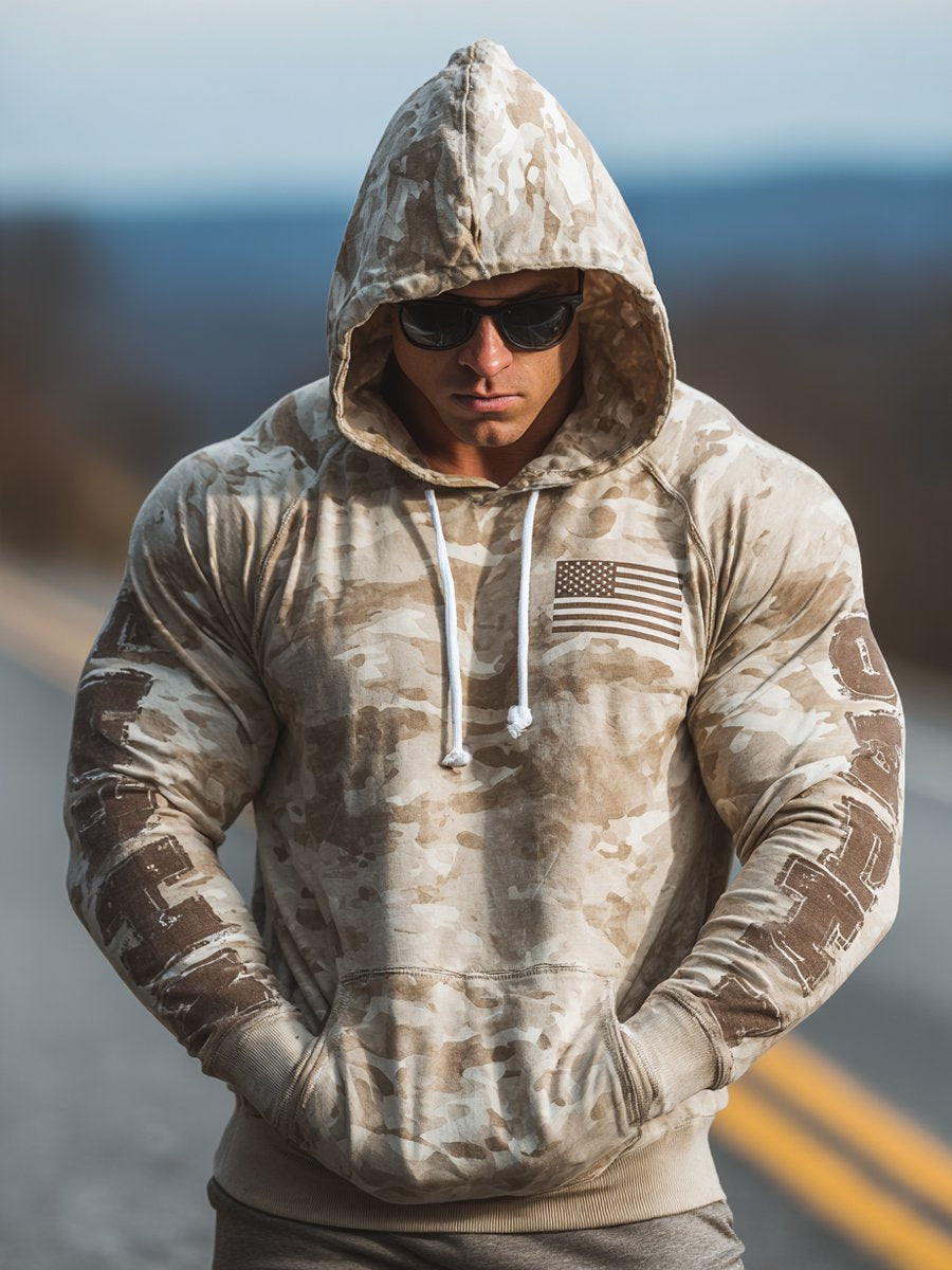 Men's Vintage Camouflage US Flag Print Casual Hoodie