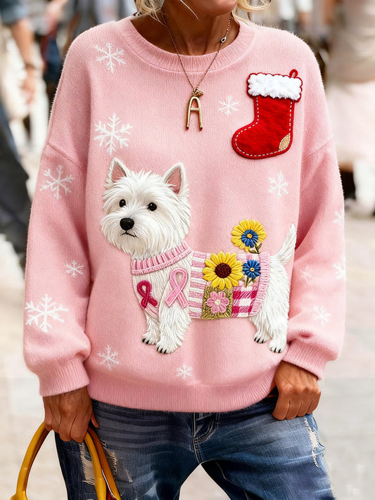 Women's Christmas Breast Cancer Dog Flannel Sweatshirts