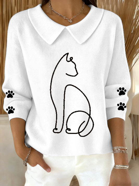 Women's Cute Cat  Print Cat Lovers Casual Baby Doll Collar Top