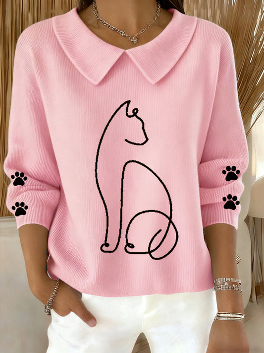 Women's Cute Cat  Print Cat Lovers Casual Baby Doll Collar Top