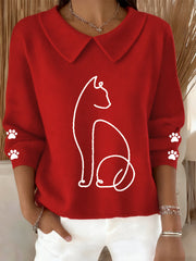 Women's Cute Cat  Print Cat Lovers Casual Baby Doll Collar Top