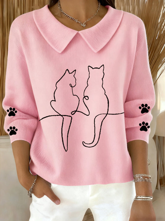 Women's Cute Cat  Print Cat Lovers Casual Baby Doll Collar Top