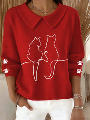 Women's Cute Cat  Print Cat Lovers Casual Baby Doll Collar Top