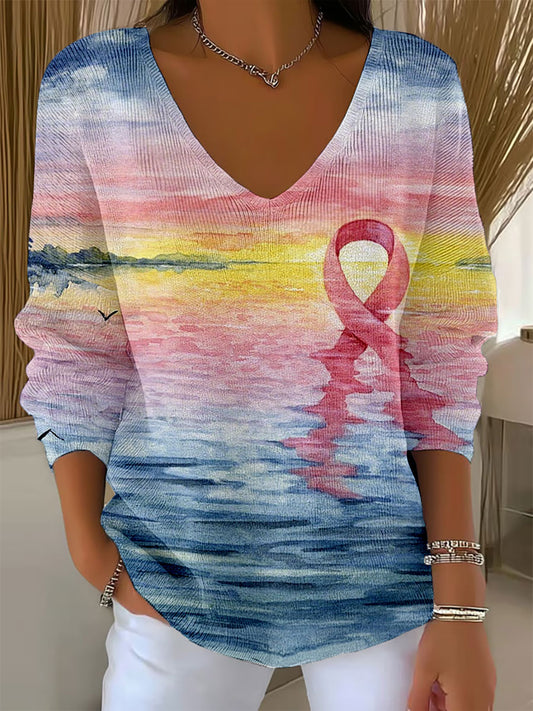 Women's Breast Cancer Awareness Pink Ribbon V-Neck Tops