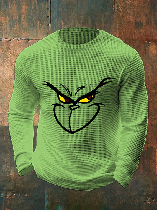 Men's Funny Classic Christmas Cartoon Character Print Casual Waffle Long Sleeve Top