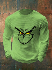 Men's Funny Classic Christmas Cartoon Character Print Casual Waffle Long Sleeve Top