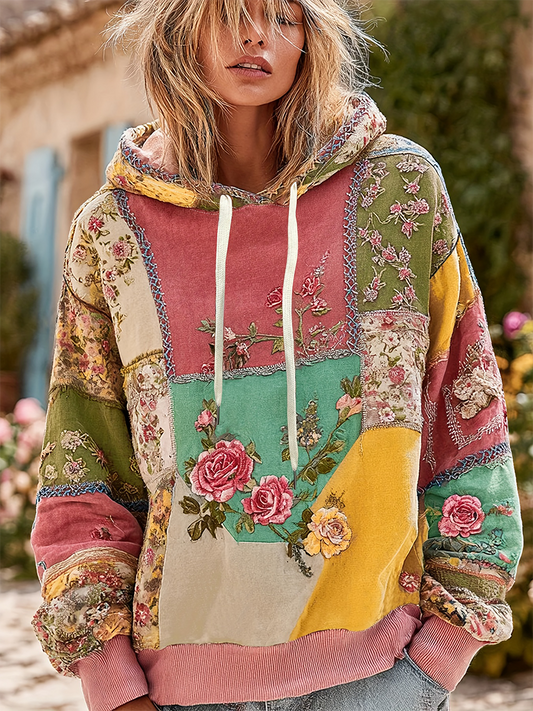 Women's Patchwork floral print Drawstring Hoodie