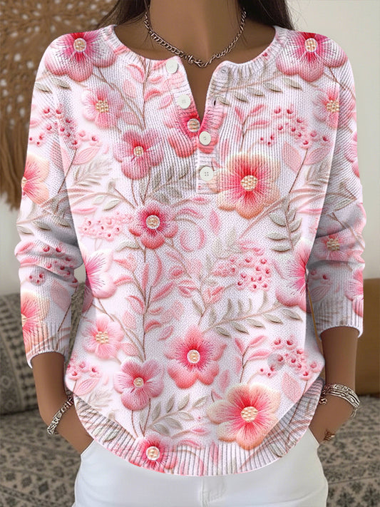 Women's Breast Cancer Pink Floral Print Knit Top