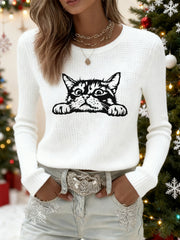 Women's Cute Cat Print Cat Lovers Cat Mom Gift Casual Long-Sleeve T-Shirt
