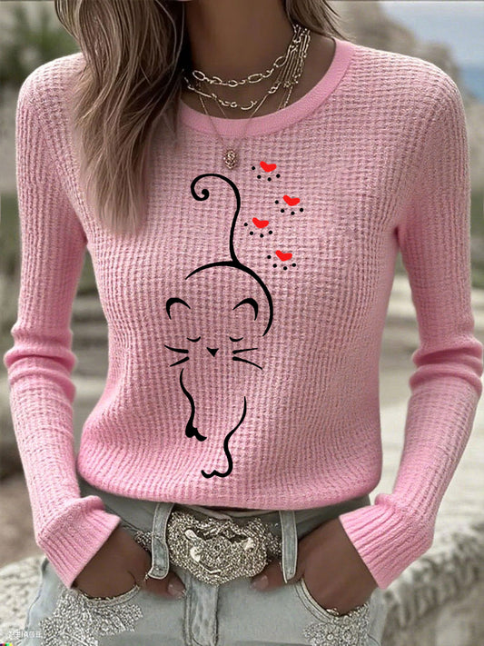 Women's Cute Cat Print Cat Lovers Cat Mom Gift Casual Long-Sleeve T-Shirt