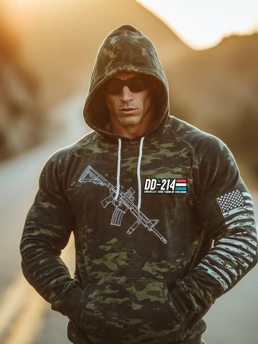 Men's Retro DD-214 Alumni Veteran USA Flag Camouflage Print Casual Hoodie