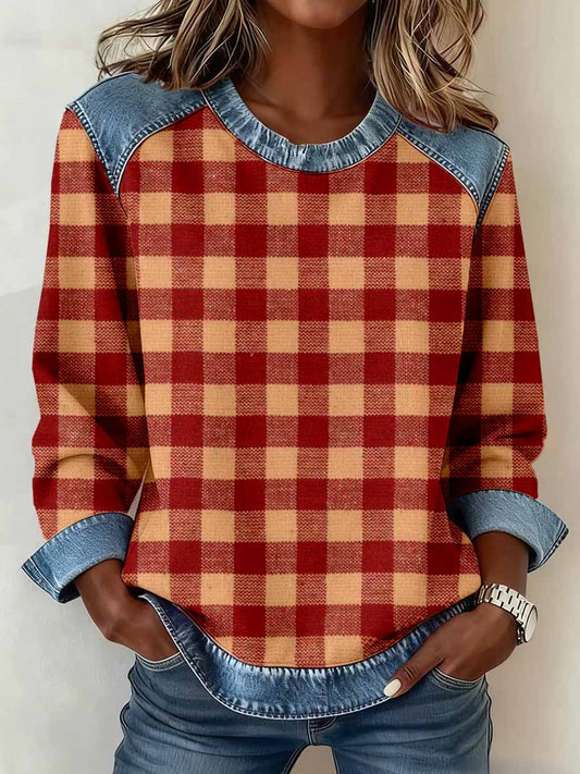Women's Vintage Plaid Pattern Denim Patchwork Sweatshirt