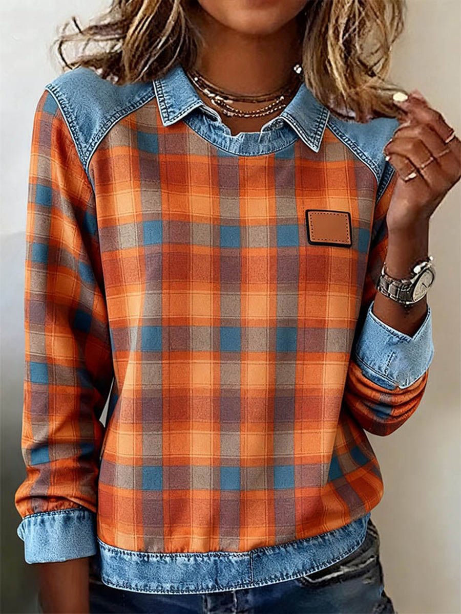 Women's Fall Plaid Pattern Patchwork Art Sweatshirt