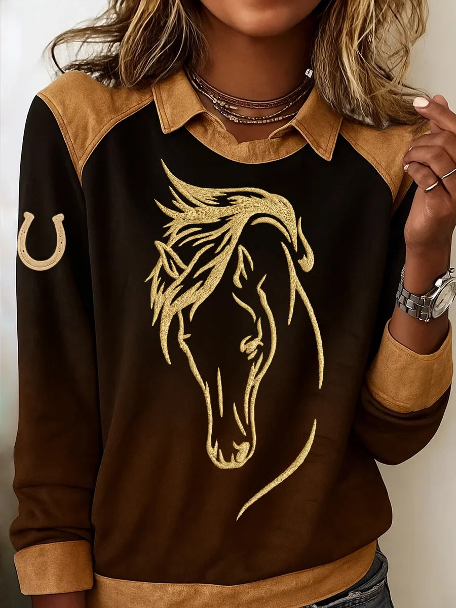 Women's Retro Horse Print Casual Sweatshirt