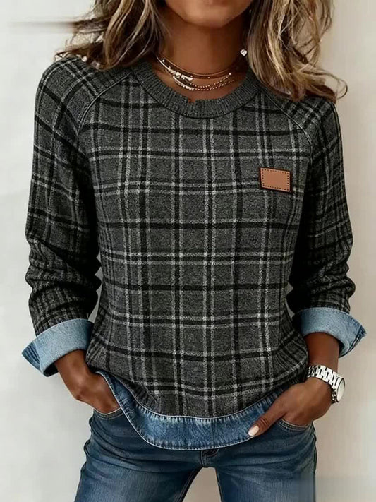 Women's Vintage Plaid Pattern Patchwork Art Sweatshirt gracestitchs
