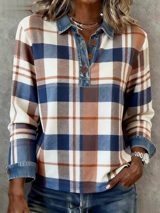 Women's Vintage Plaid Pattern Patchwork Art Top
