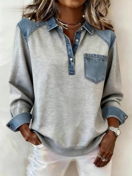 Women's Fashion Patchwork Design Lapel Sweatshirt gracestitchs