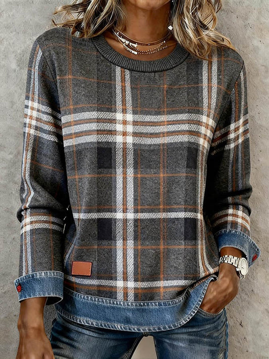 Women's Vintage Plaid Pattern Patchwork Art Sweatshirt gracestitchs