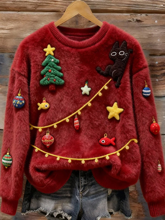 Women's Christmas Christmas Tree Cute  Playful Cats Flannel Sweatshirt