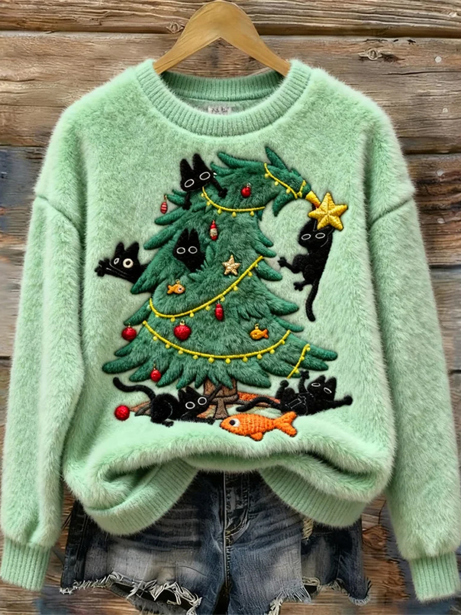 Women's Christmas Christmas Tree Cute Playful Cats Flannel Sweatshirt
