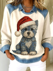 Women's Christmas Dog Art Print Patchwork Casual Sweatshirt