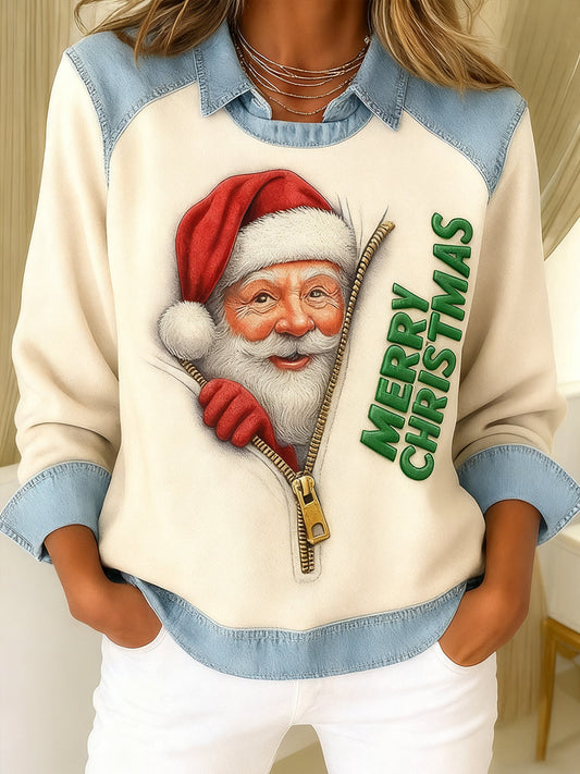 Women's Christmas Santa Claus Print Patchwork Casual Sweatshirt