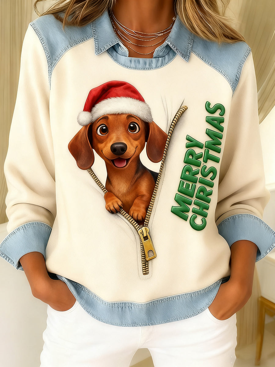 Women's Christmas Dog Art Print Patchwork Casual Sweatshirt