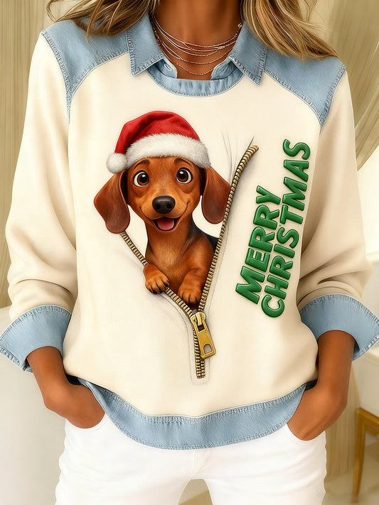 Women's Christmas Dog Art Print Patchwork Casual Sweatshirt