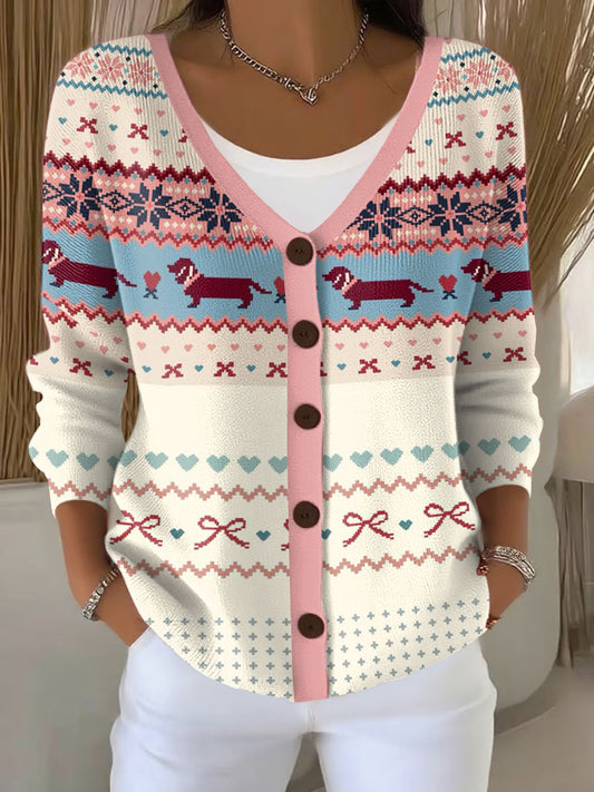 Women's Christmas Dog Print Casual Cardigan