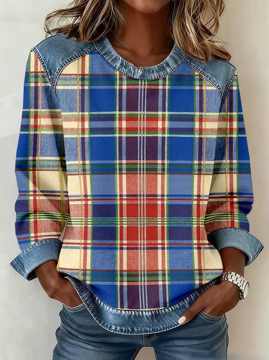 Women's Vintage Plaid Pattern Denim Patchwork Sweatshirt gracestitchs