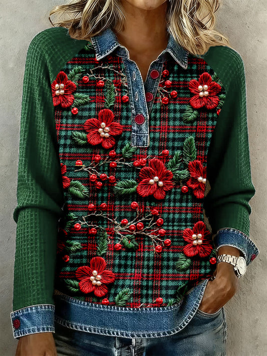 Women's Christmas Plaid Floral Tops