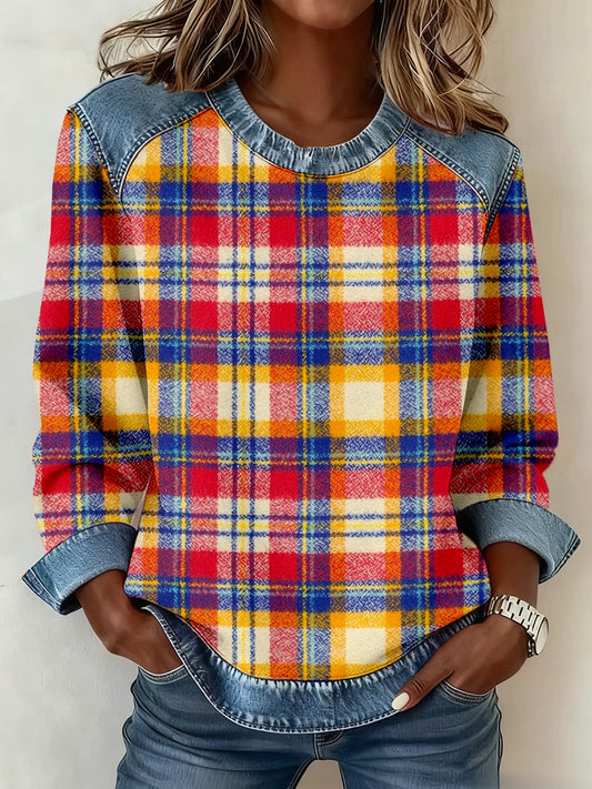 Women's Vintage Plaid Pattern Denim Patchwork Sweatshirt gracestitchs