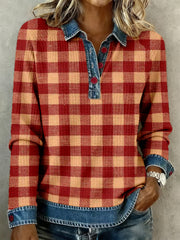 Women's Vintage Plaid Pattern Patchwork Art Waffle Top